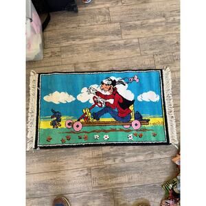 Vintage Disney Goofy On Cart Hand Made Rug 1950s 38" x 22" Carpet Mat